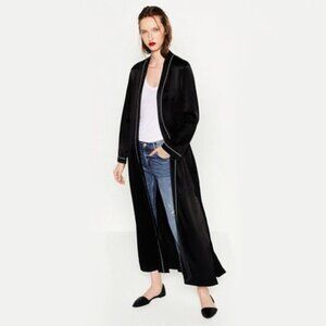EUC Zara black & white trim satin-like effect longline duster, M